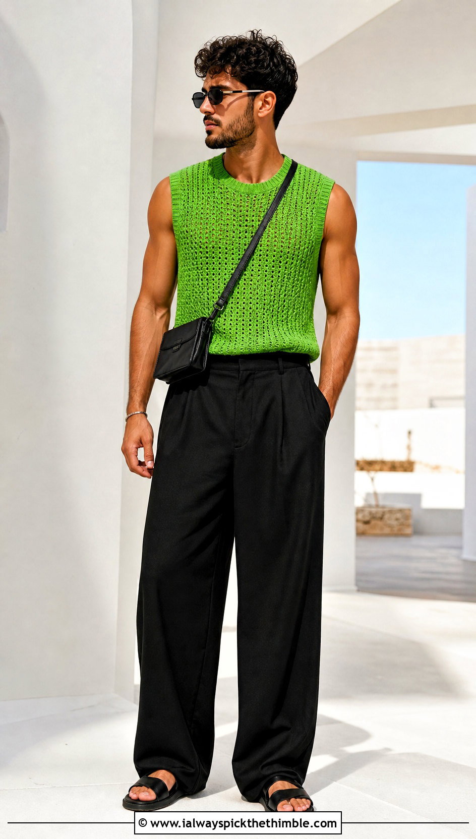 Sleeveless Crochet Shirt With Wide Leg Trousers - 25 crochet man shirt outfit ideas