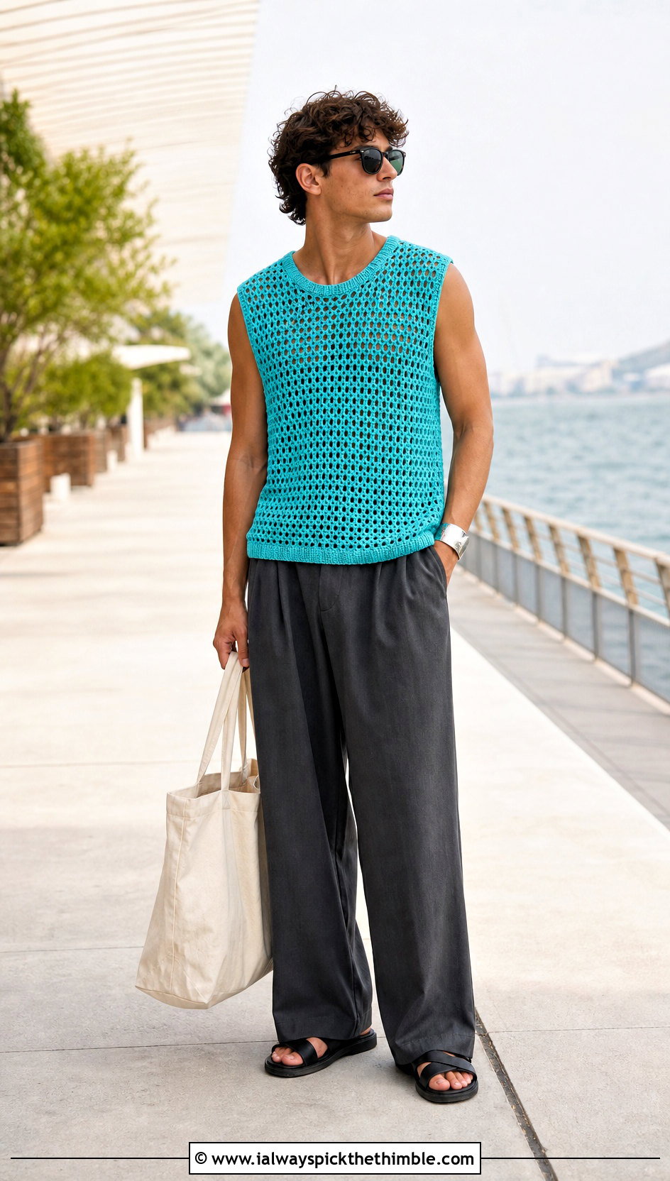 Sleeveless Crochet Shirt With Wide Leg Trousers - 25 crochet male shirt outfit ideas