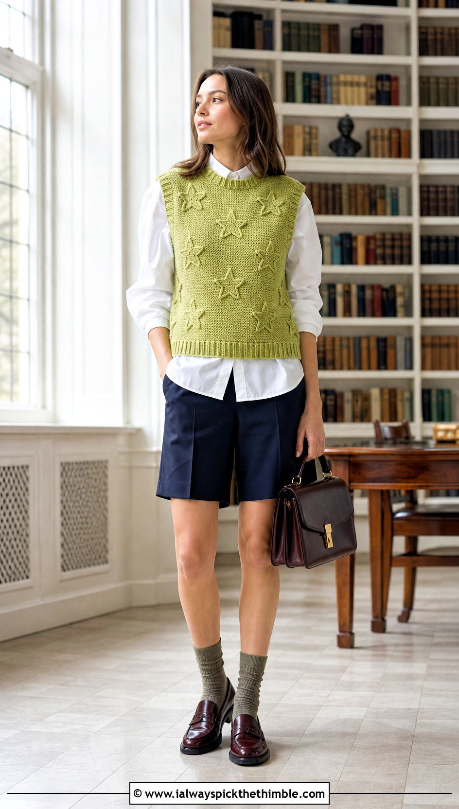 Sleeveless Crochet Star Sweater Vest With Poplin Shirt - 25 crochet star sweater outfit ideas