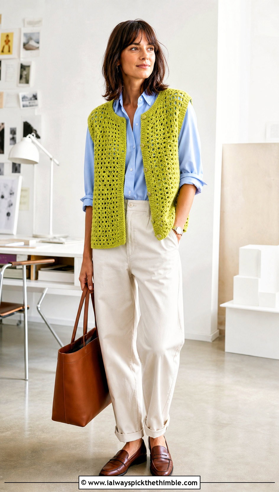 Sleeveless Crochet Summer Jacket With Poplin Shirt - 15 crochet summer jacket outfit ideas