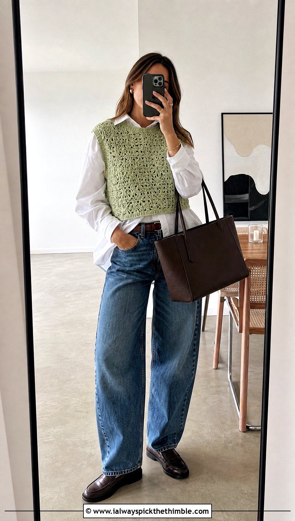 Sleeveless Crochet Sweater Vest With Barrel Jeans - 25 crochet sweaters women outfit ideas