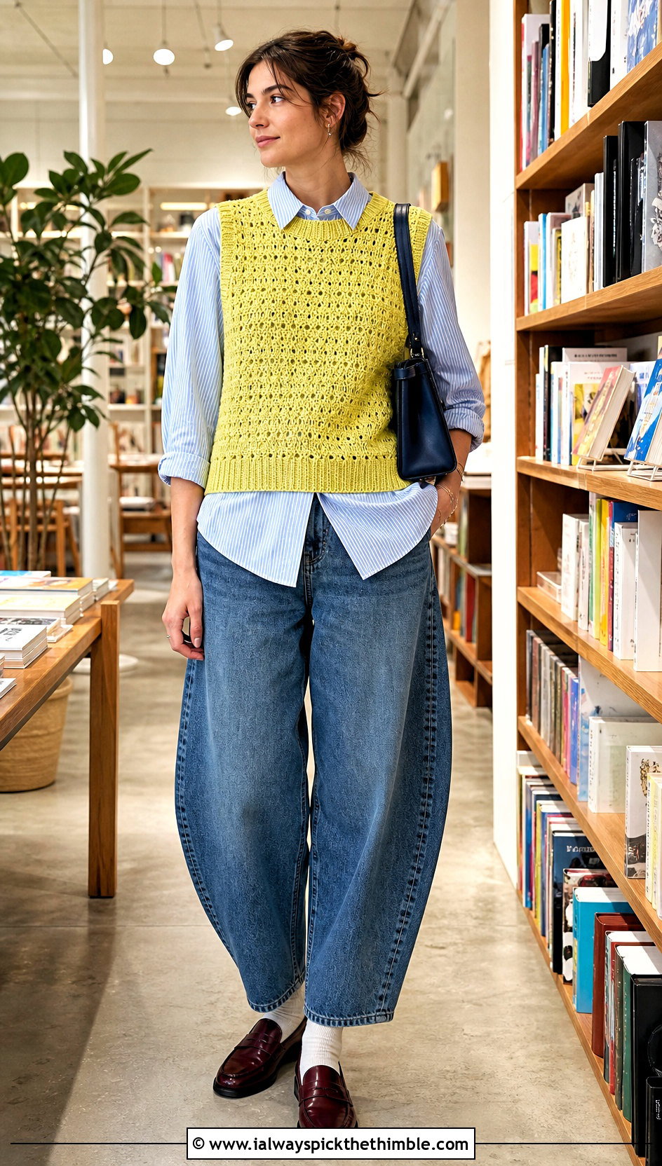 Sleeveless Crochet Sweater Vest With Barrel Jeans - 25 Crochet Knit Sweater outfit ideas