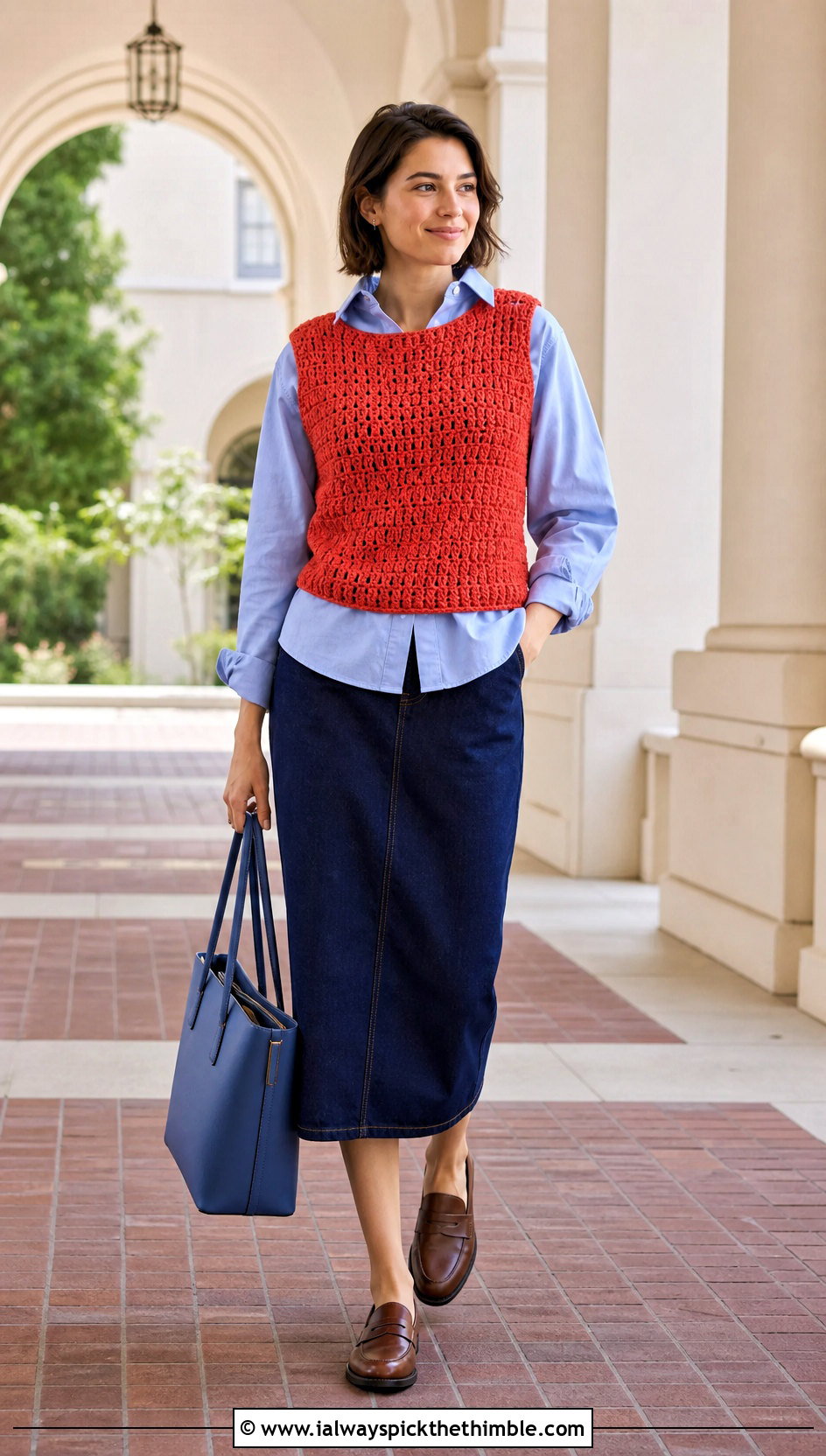 Sleeveless Crochet Sweater Vest With Poplin Shirt - 25 crochet sweater for women outfit ideas