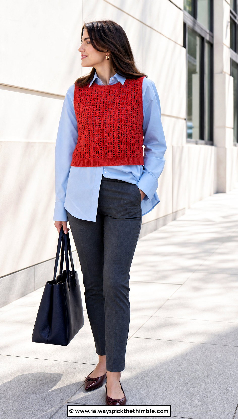 Sleeveless Crochet Sweater Vest With Poplin Shirt - 25 crochet sweater women outfit ideas