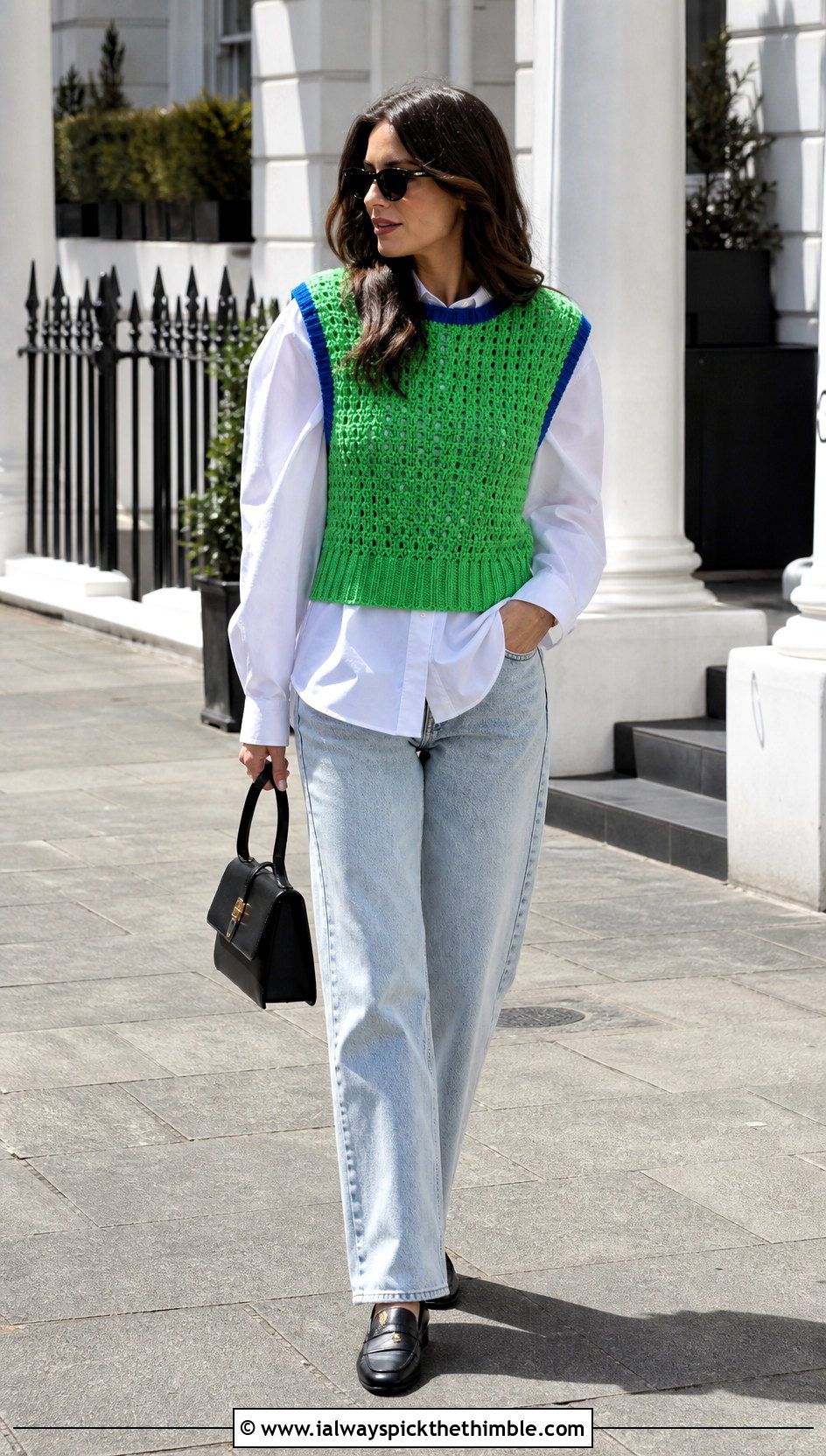 Sleeveless Crochet Sweater Vest With Poplin Shirt - 20 Colorful Crochet Sweater Ideas