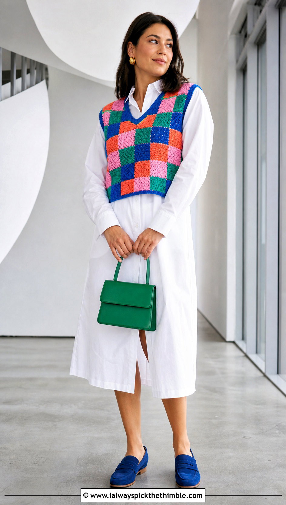 Sleeveless Crochet Sweater Vest With Shirt Dress - 25 colorful crochet sweater outfit ideas