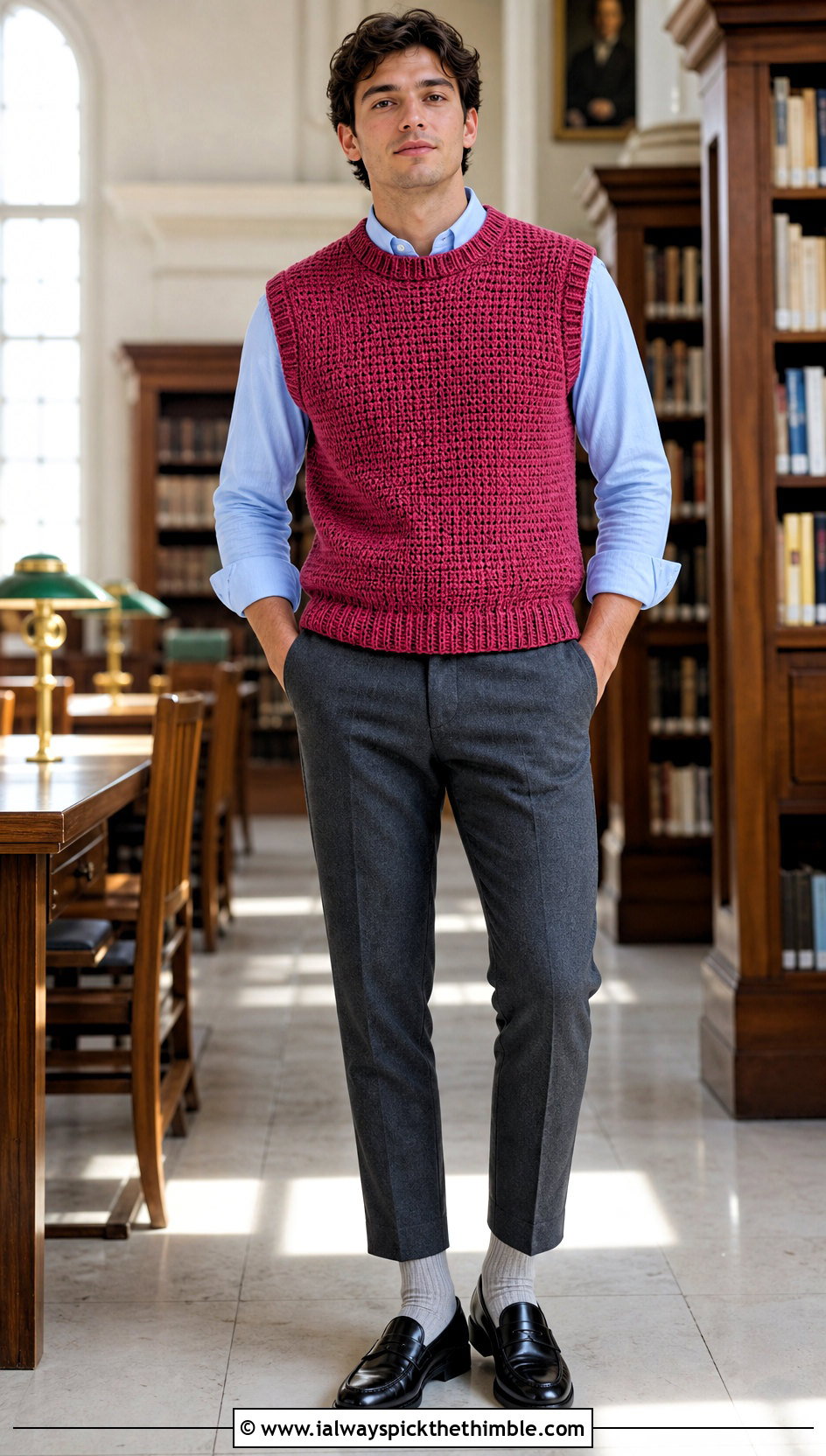 Sleeveless Crochet Sweater With Oxford Shirt - 25 men crochet sweater outfit ideas