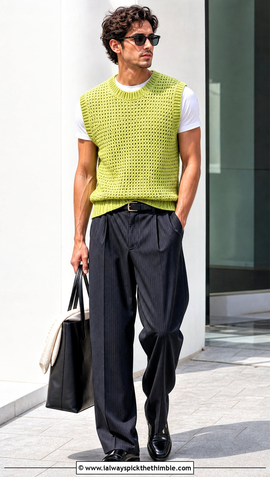 Sleeveless Crochet Sweater With Pinstripe Trousers - 20 Mens Crochet Outfit ideas