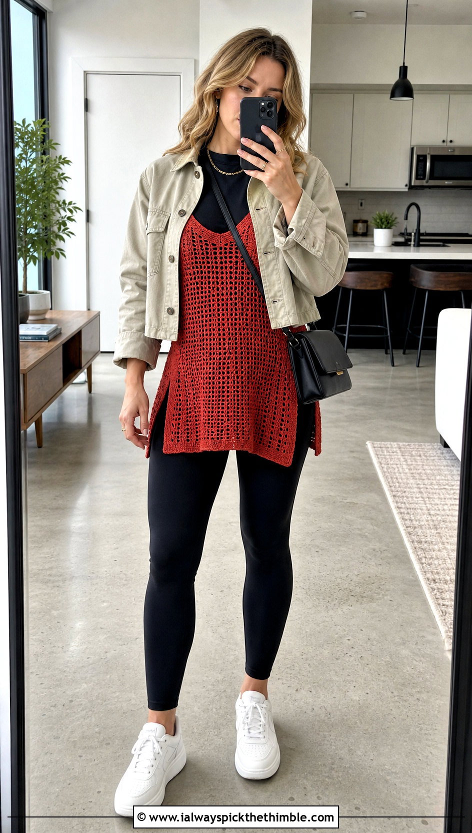 Sleeveless Crochet Tunic With Leggings - 20 Flowy Crochet Top outfit ideas