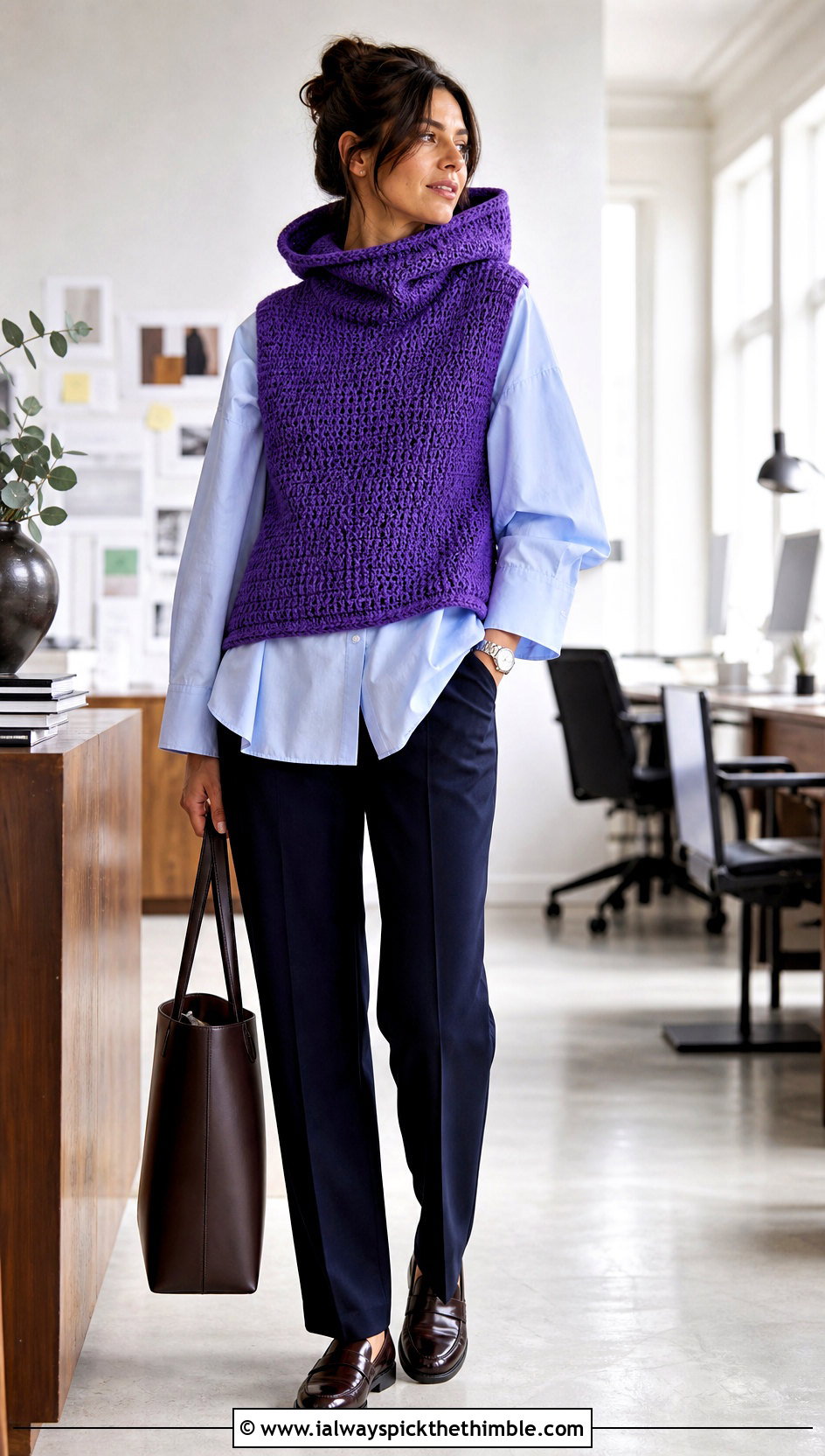 Sleeveless Crochet Turtleneck Hoodie Over A Poplin Shirt - 25 crochet turtleneck hoodie outfit ideas