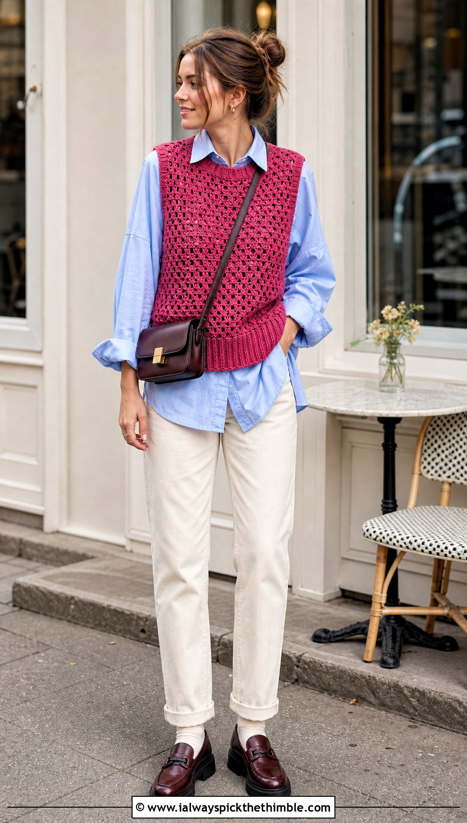 Sleeveless Crochet Vest Jumper With Shirt And Jeans - 20 crochet jumper for women outfit ideas