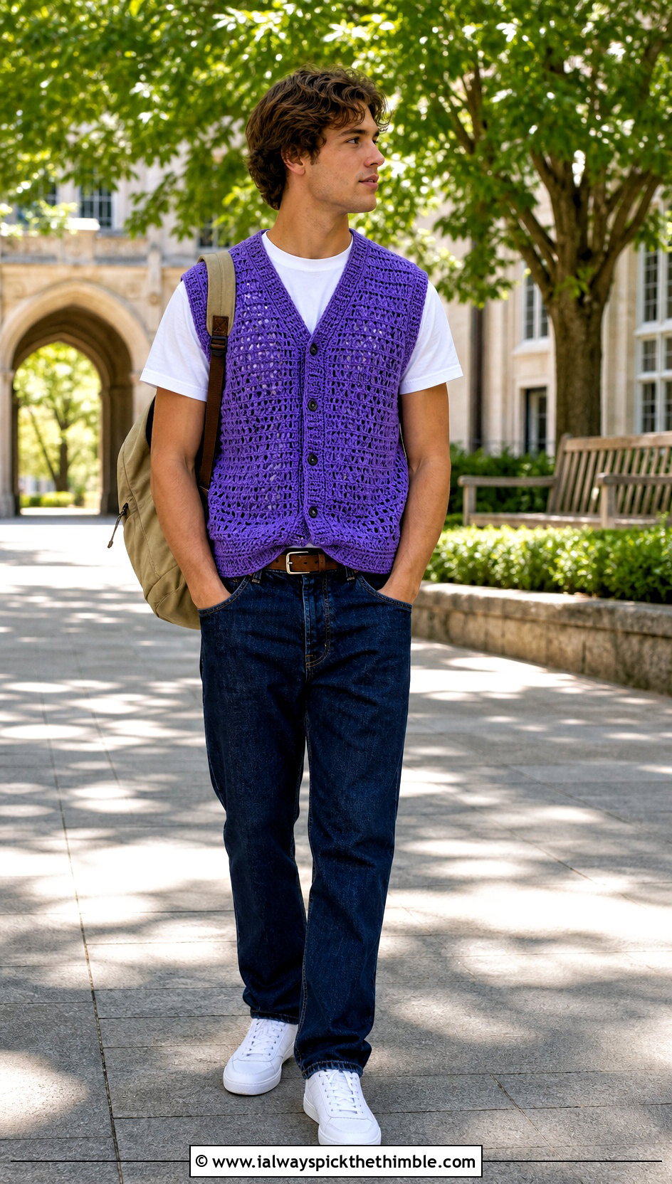Sleeveless Crochet Vest With White T Shirt And Jeans - 25 crochet top for men outfit ideas