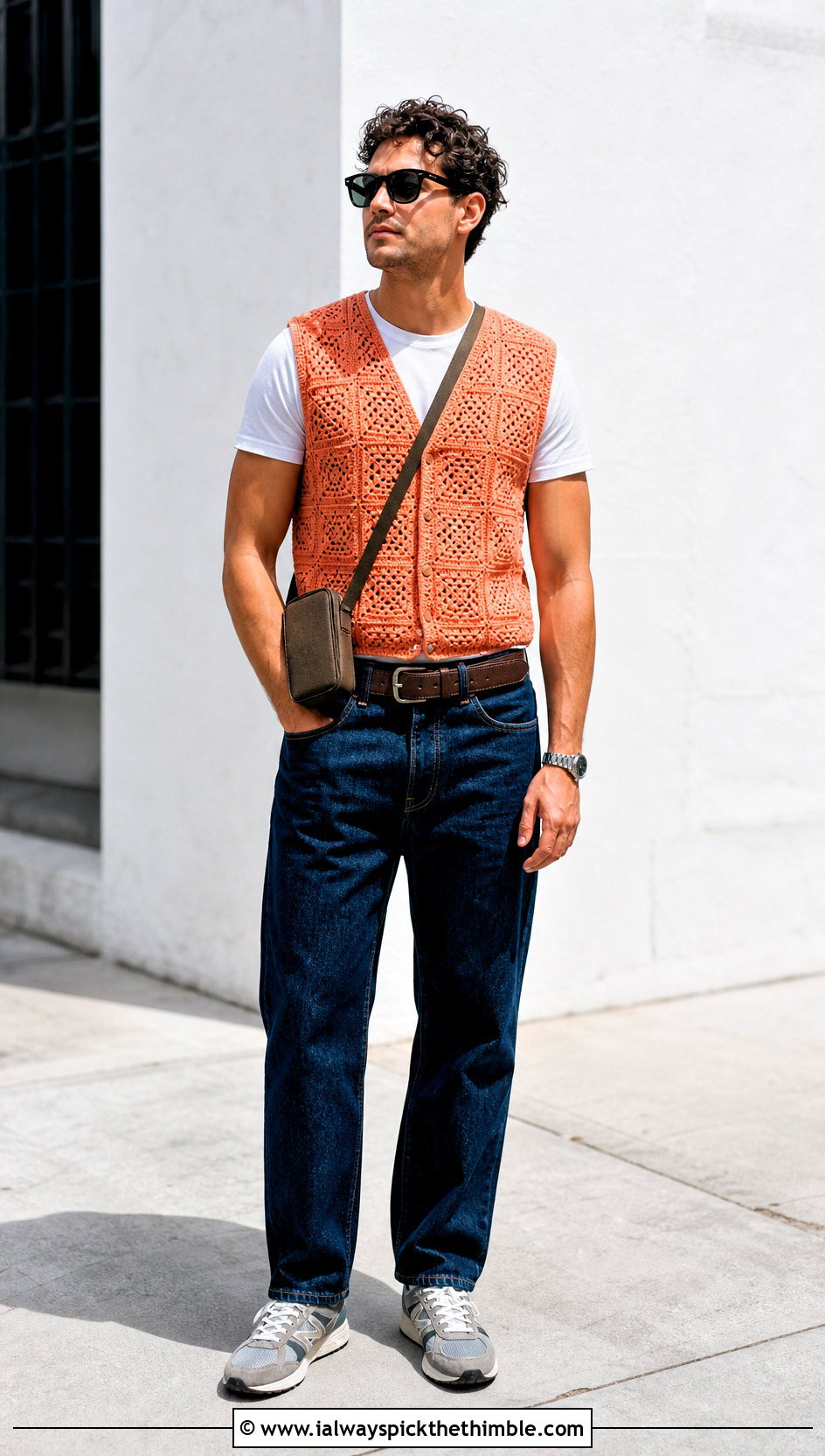 Sleeveless Crochet Vest With White T Shirt - 15 men's crochet top outfit ideas