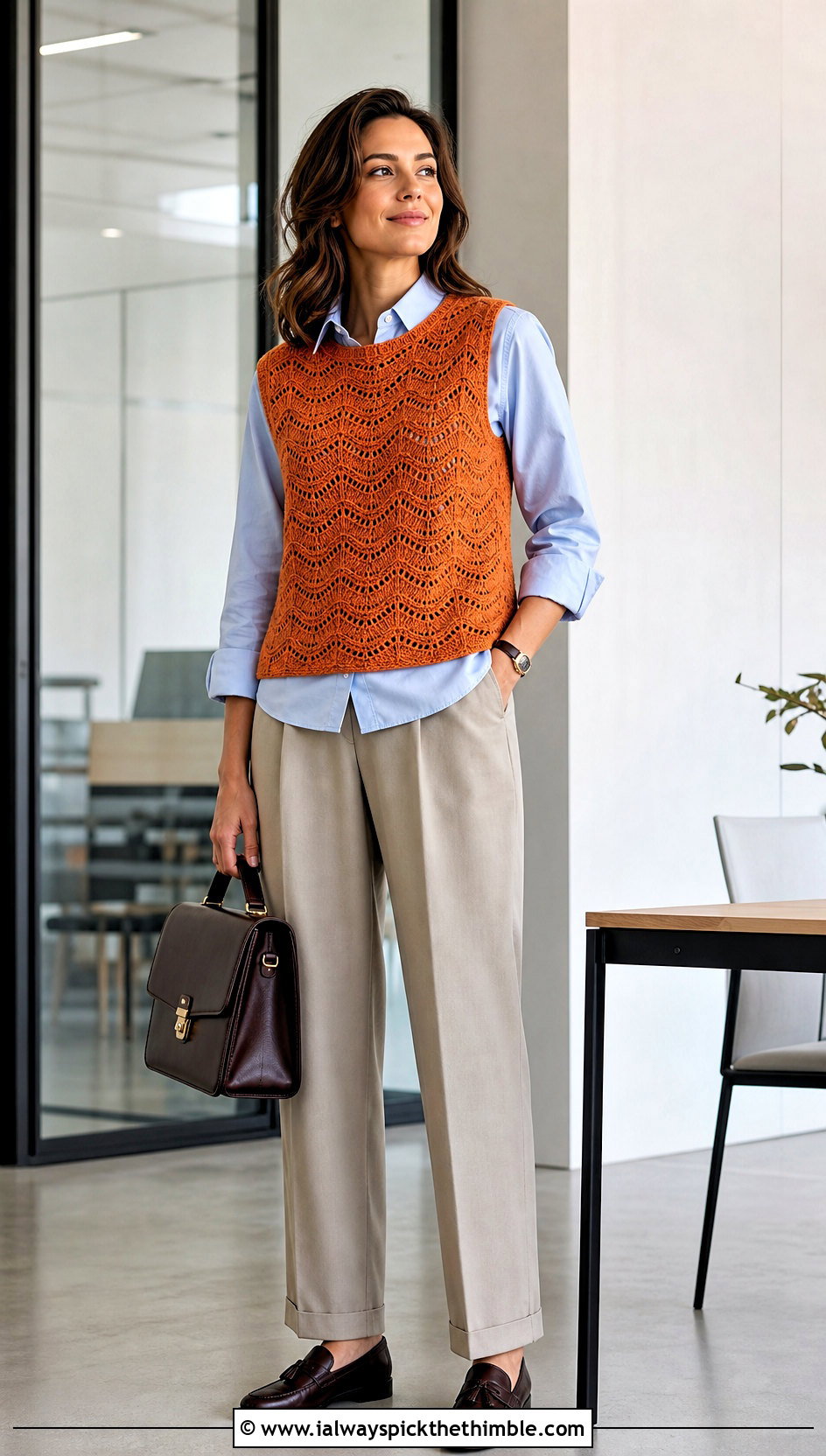Sleeveless Crochet Wave Sweater With Poplin Shirt And Trousers - 20 crochet wave sweater outfit ideas
