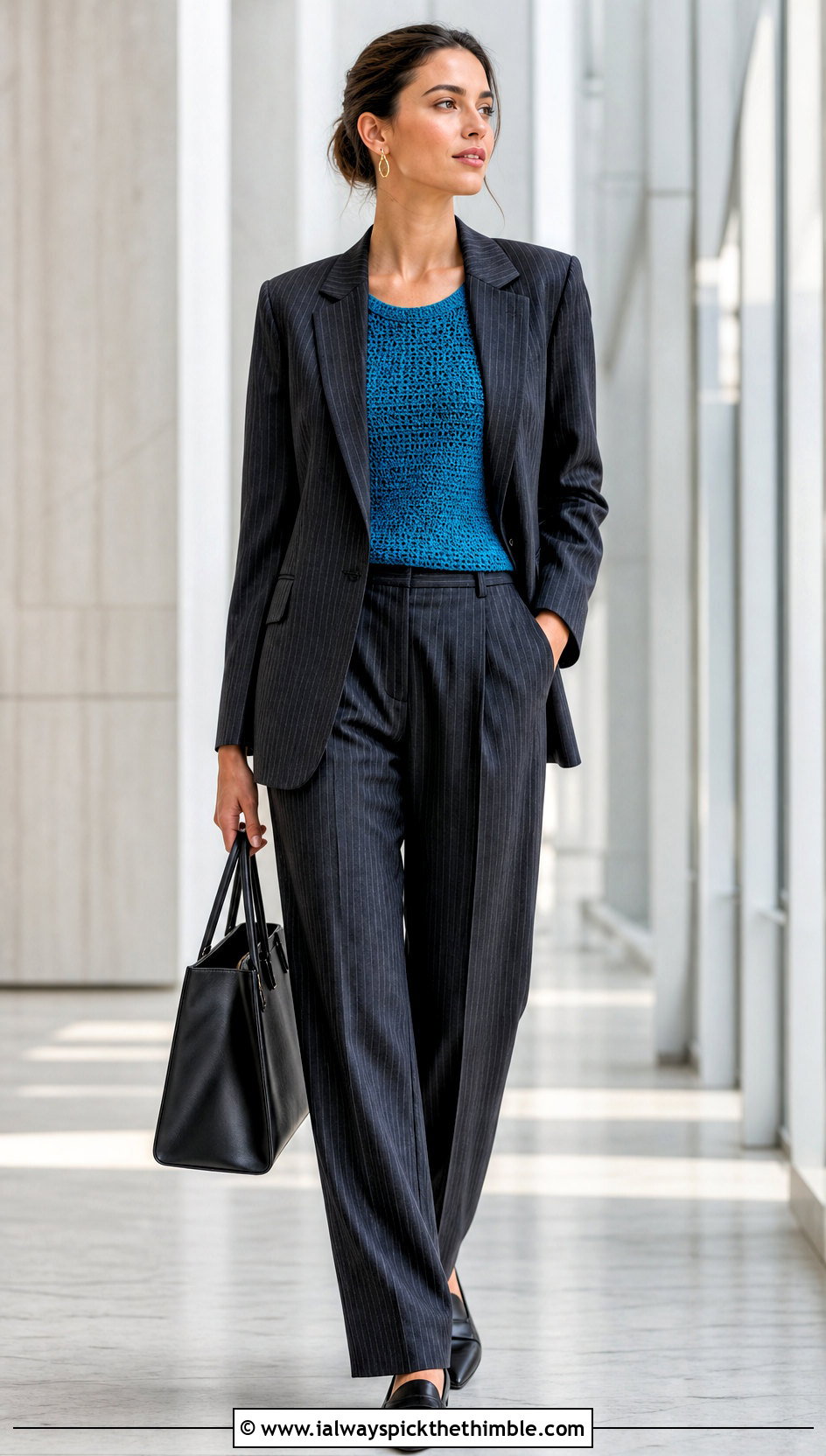 Sleeveless Crochet Wool Shell With Pinstripe Suit - 25 crochet wool top outfit ideas