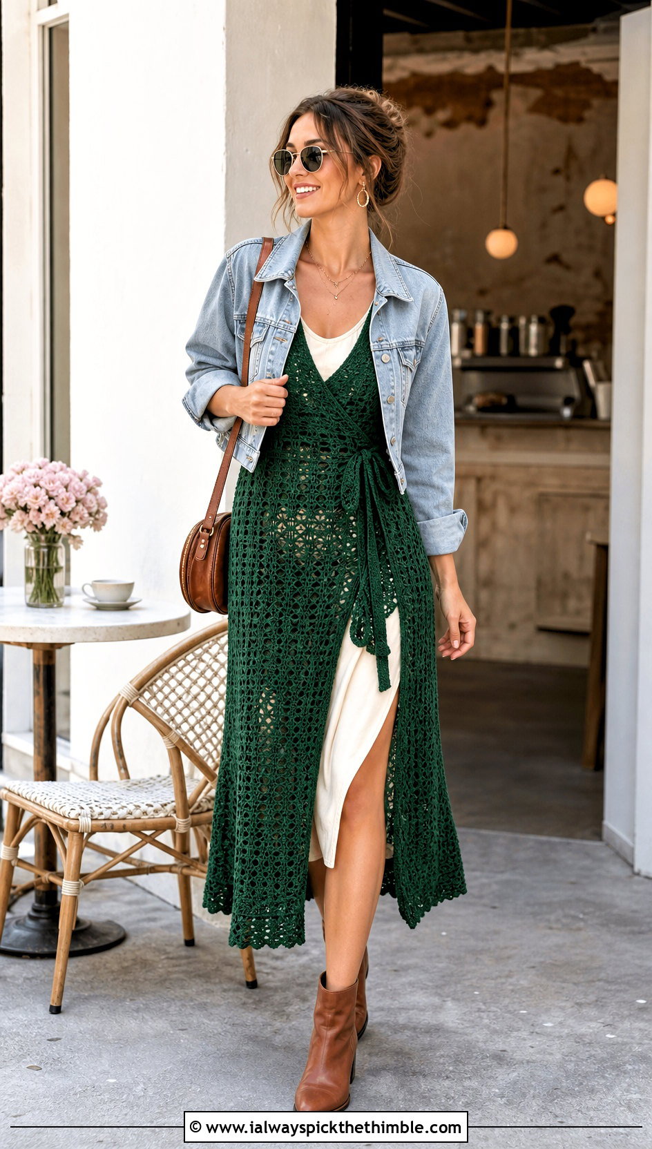 Sleeveless Crochet Wrap Dress With Denim Jacket - 25 crochet wrap dress outfit ideas
