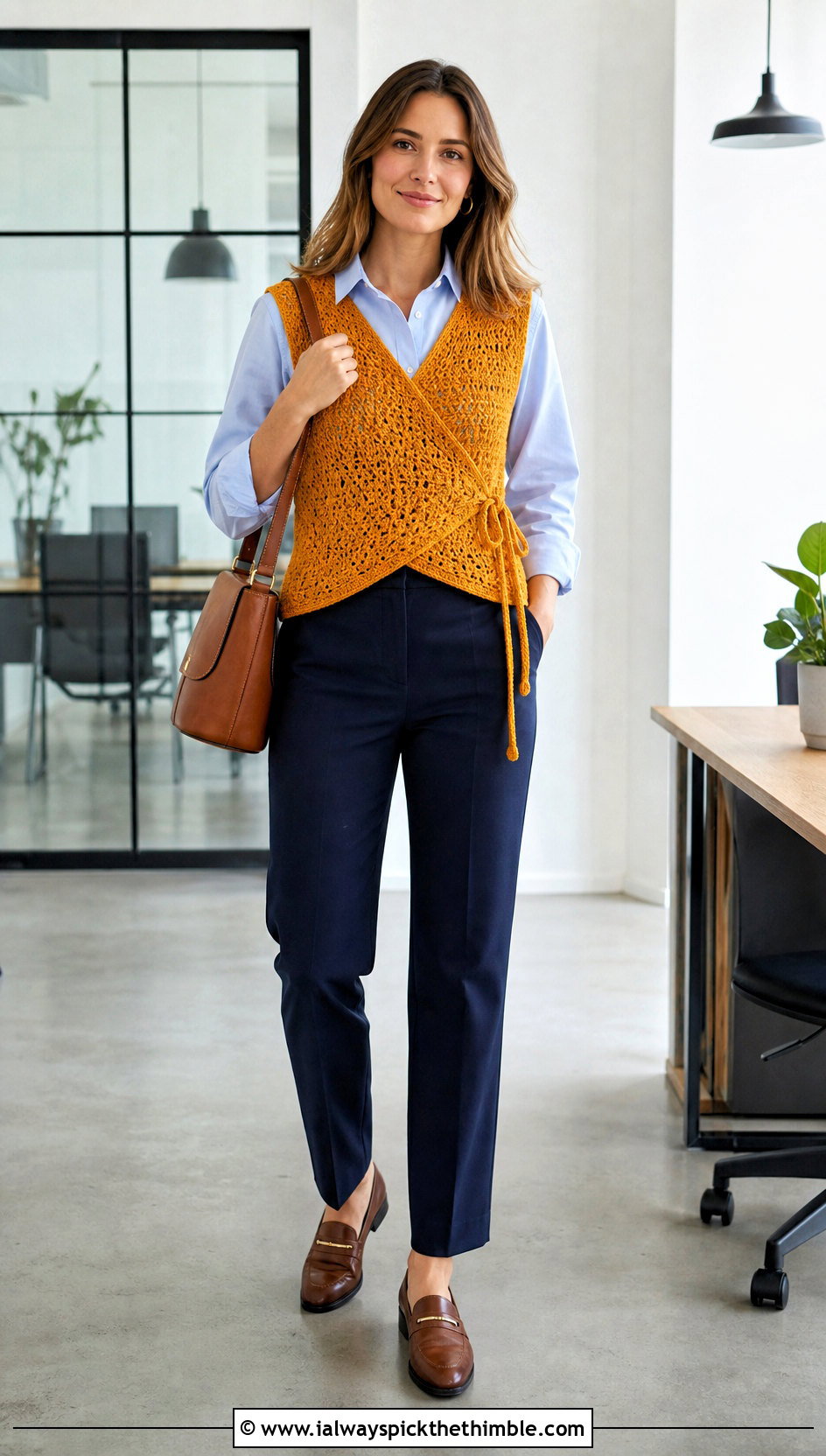 Sleeveless Crochet Wrap Vest With Poplin Shirt - 20 crochet wrap around top outfit ideas