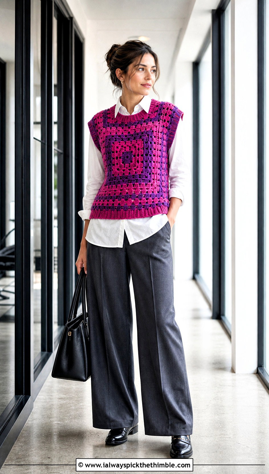Sleeveless Crocheted Sweater Vest With Button Down Shirt - 20 Crocheted Sweater Outfit ideas