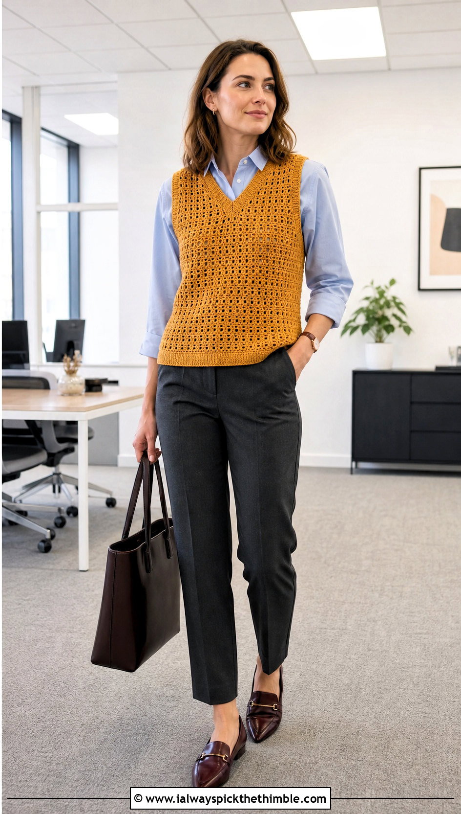 Sleeveless Double Crochet Sweater Vest With Poplin Shirt - 25 double crochet sweater outfit ideas