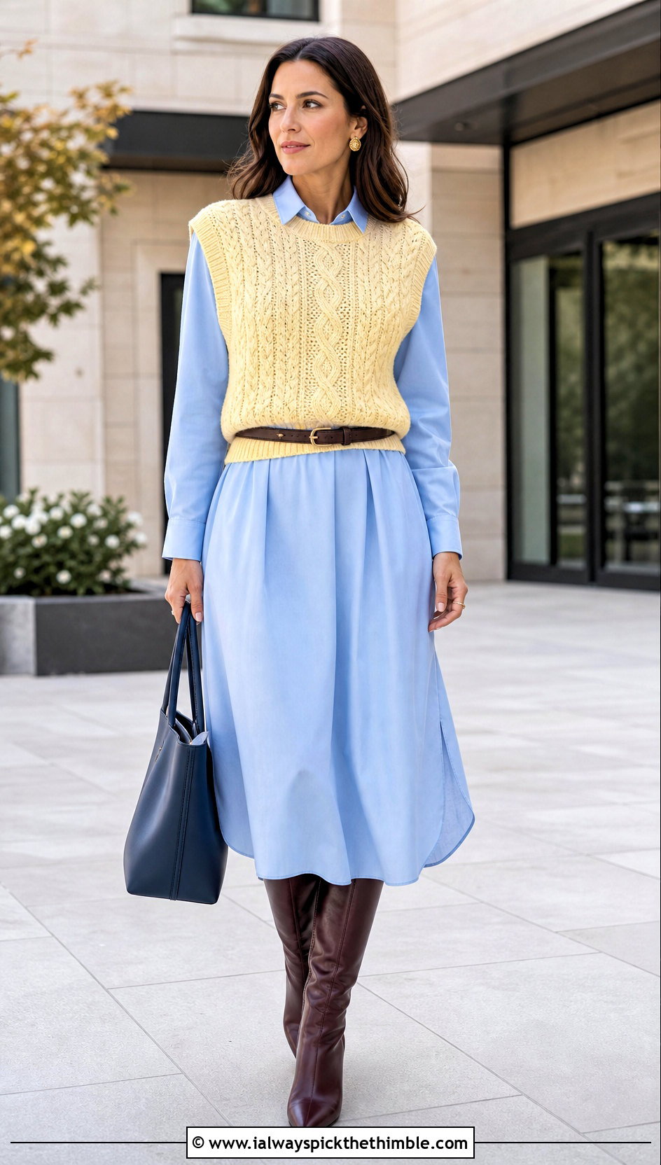 Sleeveless Fisherman Crochet Sweater With Poplin Dress - 20 Fisherman Crochet Sweater outfit ideas