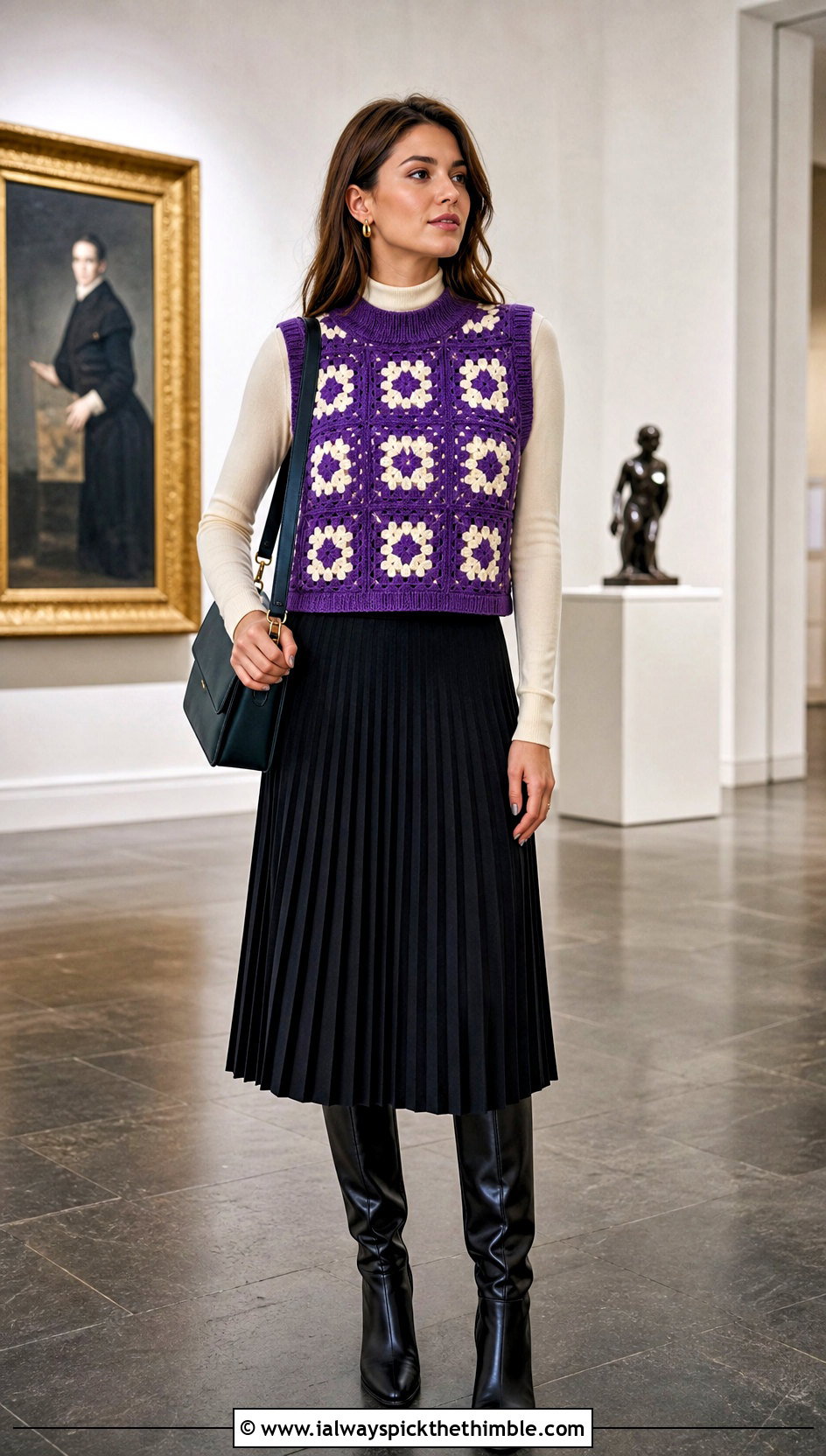 Sleeveless Granny Jumper Vest With Pleated Midi Skirt - 20 Crochet Granny Jumper outfit ideas