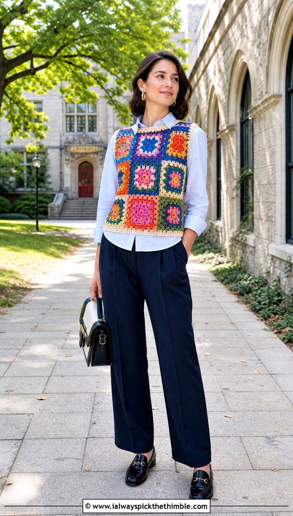 Sleeveless Granny Square Boatneck Crochet Sweater Over A Button Down - 20 Boatneck Crochet Sweater outfit ideas