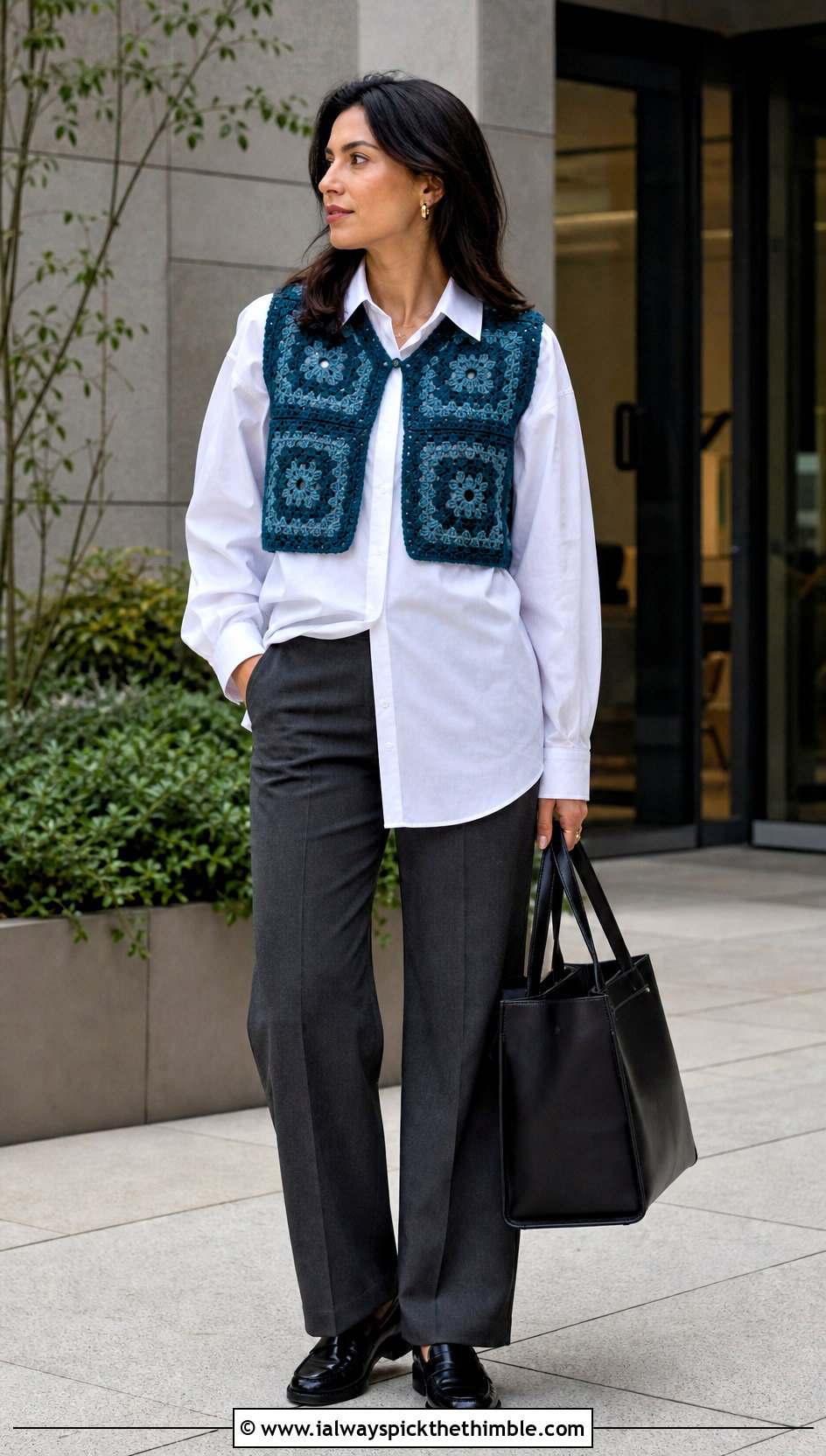 Sleeveless Granny Square Bolero With Button Down Shirt - 25 granny square bolero outfit ideas