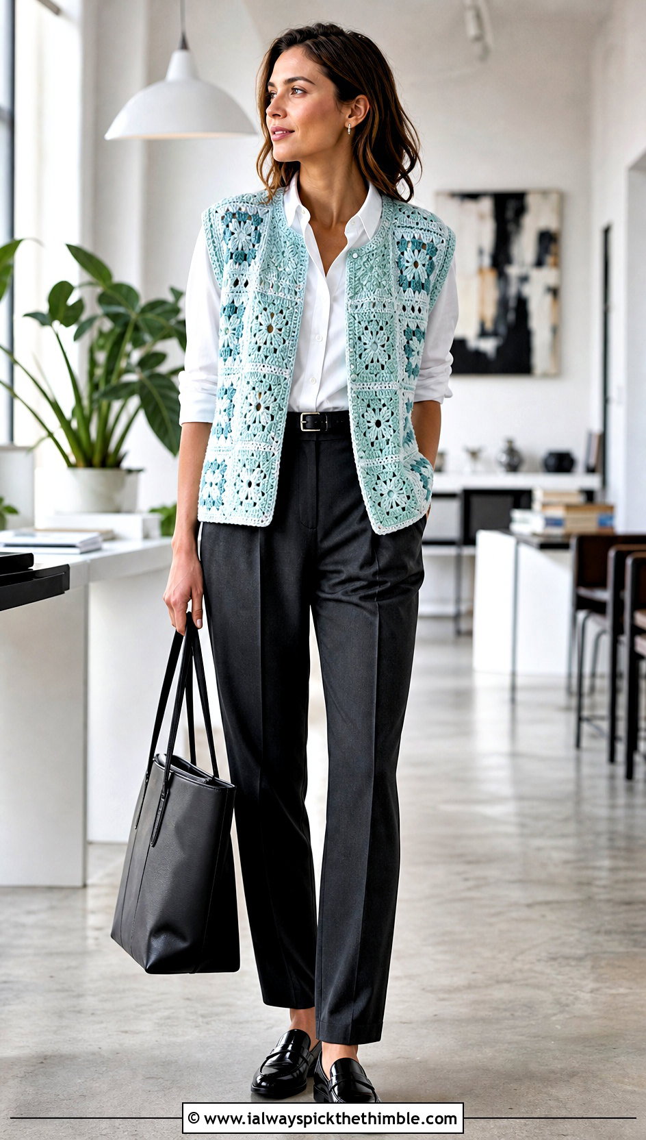 Sleeveless Granny Square Cardigan With Oxford Shirt And Trousers - 25 granny square cardigan outfit ideas
