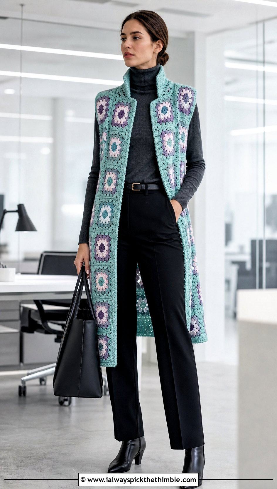 Sleeveless Granny Square Coat With Turtleneck - 20 granny square coat outfit ideas