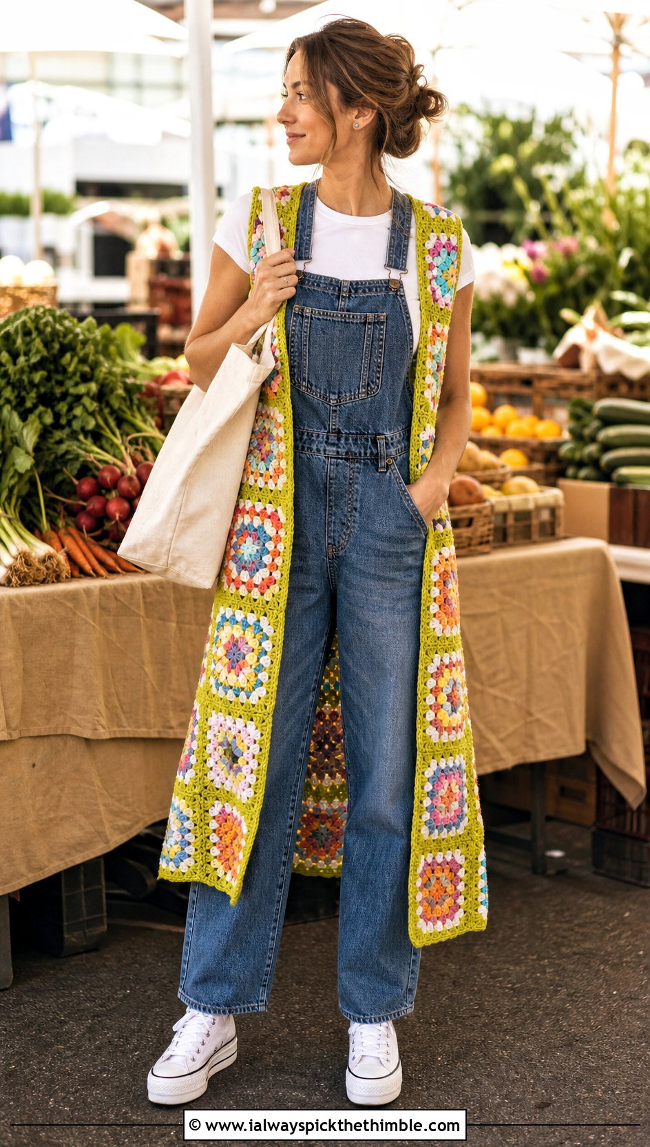 Sleeveless Granny Square Duster With Denim Overalls - 25 granny square duster outfit ideas