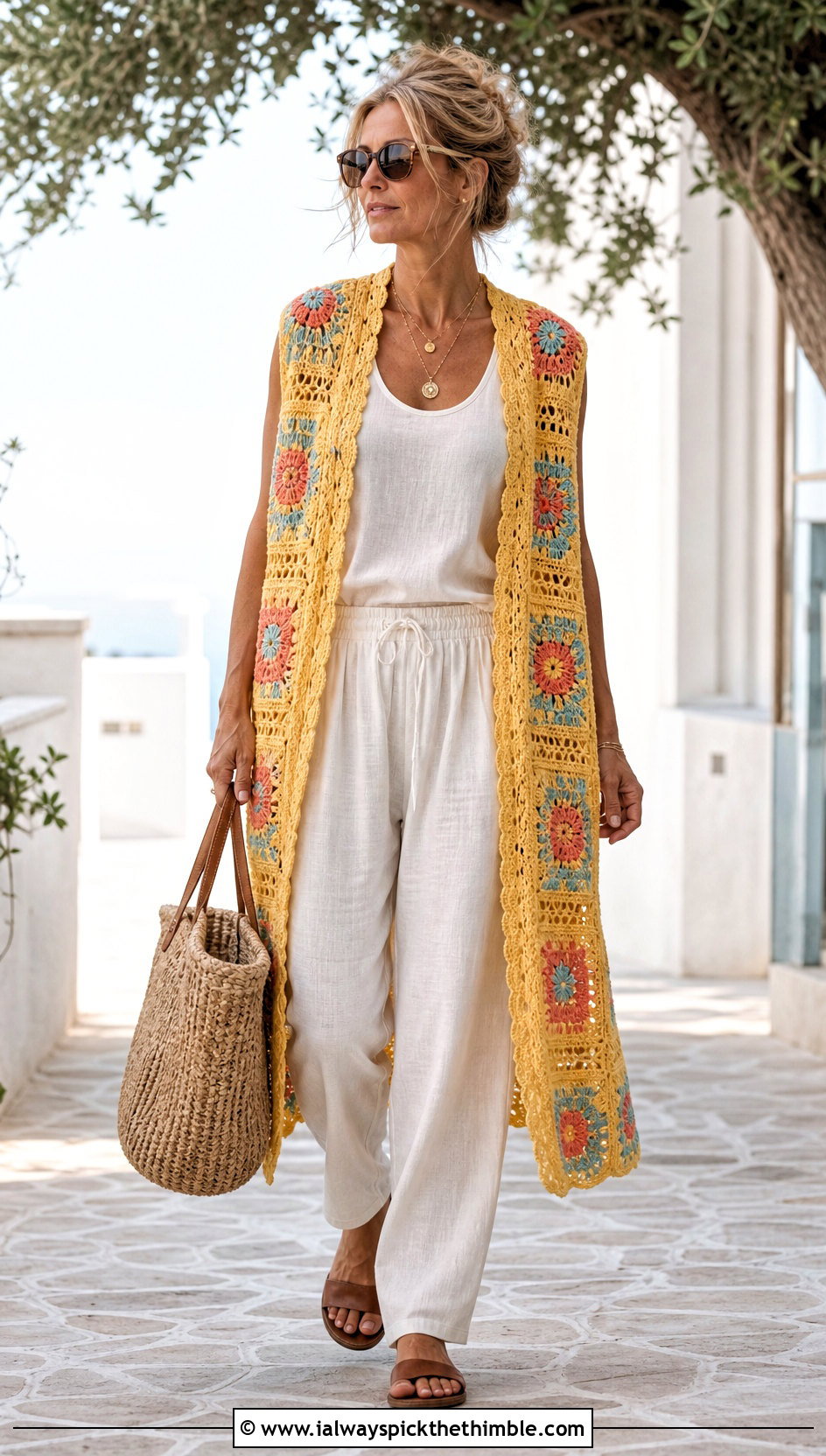 Sleeveless Granny Square Duster With Linen Set - 20 Crochet Granny Square Duster outfit ideas