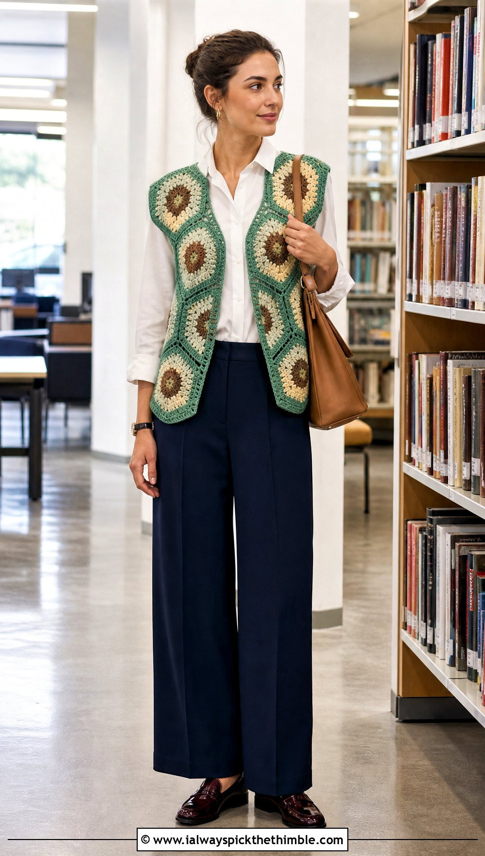 Sleeveless Granny Square Hexagon Cardigan With Button Down Shirt - 25 granny square hexagon cardigan outfit ideas