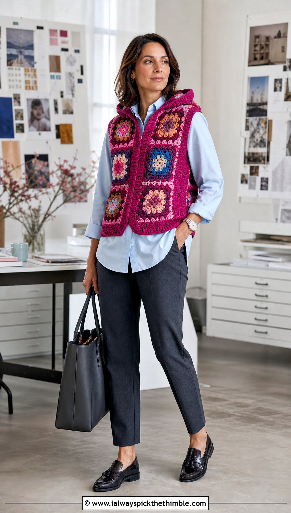 Sleeveless Granny Square Hooded Jacket With Poplin Shirt - 20 Granny Square Hooded Jacket outfit ideas