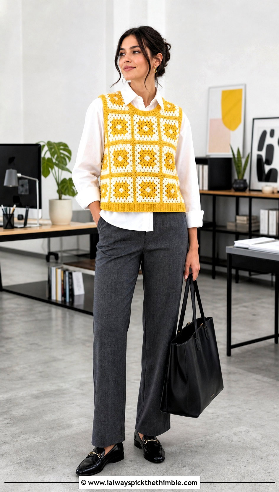 Sleeveless Granny Square Jumper Vest With Poplin Shirt - 25 crochet granny square jumper outfit ideas