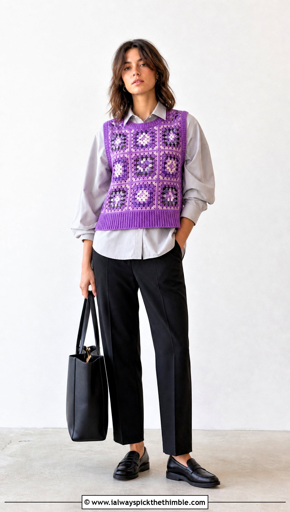 Sleeveless Granny Square Jumper With Poplin Shirt - 20 crochet square jumper outfit ideas
