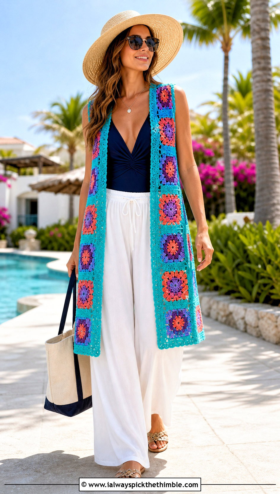 Sleeveless Granny Square Kimono Vest With Swimsuit And Palazzo Pants - 15 crochet granny square kimono outfit ideas