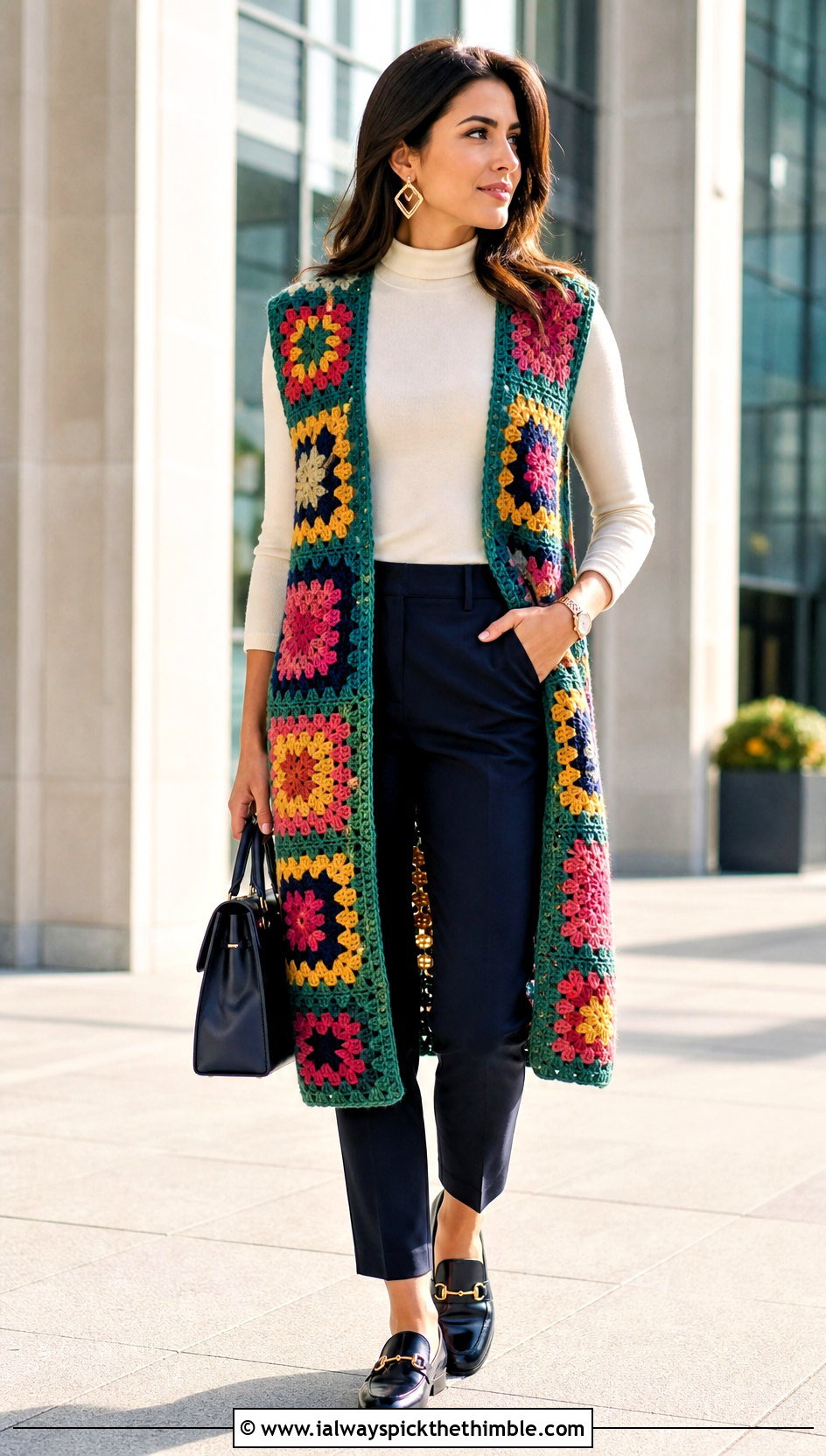 Sleeveless Granny Square Long Cardigan With Turtleneck - 20 crochet granny square long cardigan outfit ideas