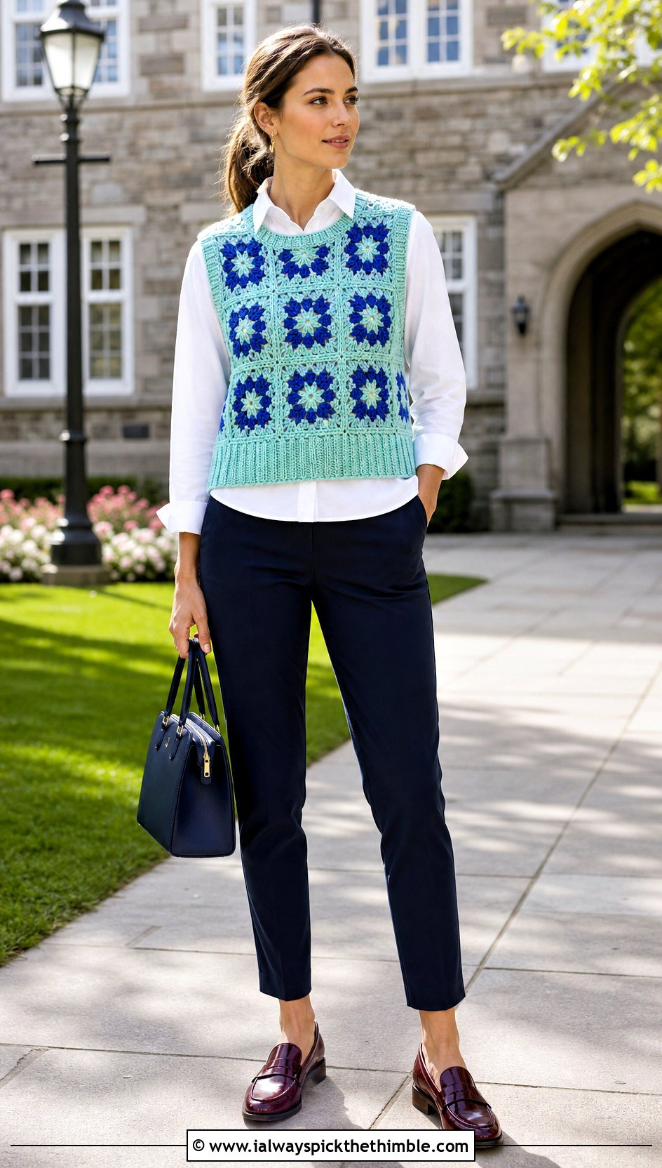 Sleeveless Granny Square Pullover Over A Poplin Shirt - 25 granny square pullover outfit ideas