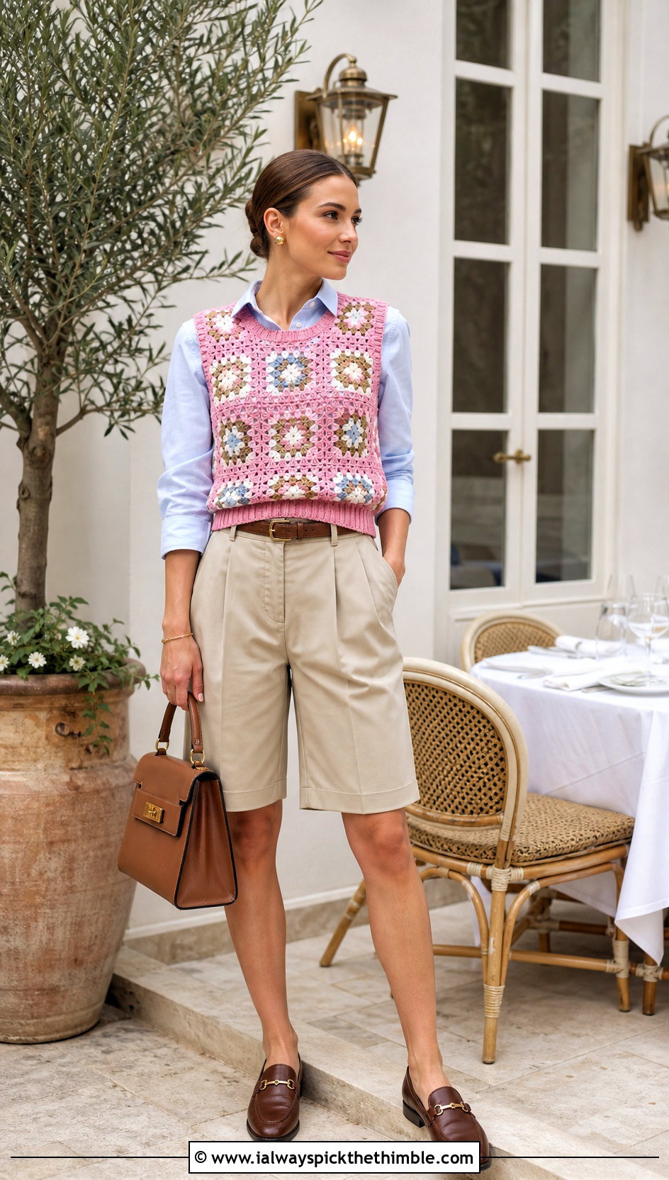 Sleeveless Granny Square Pullover With Button Down Shirt And Bermuda Shorts - 25 crochet granny square pullover outfit ideas