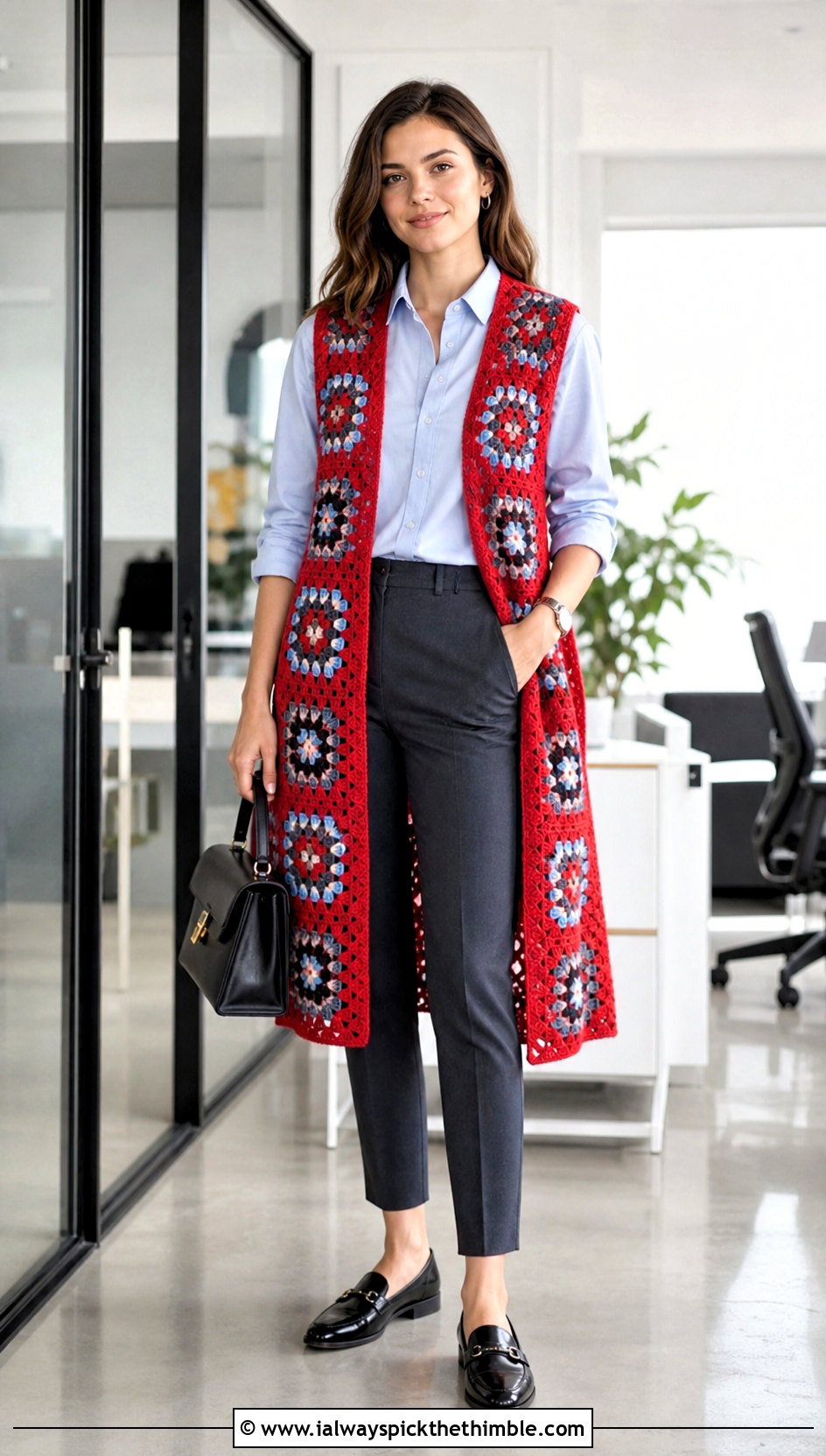 Sleeveless Granny Square Robe With Button Down Shirt - 20 granny square robe outfit ideas