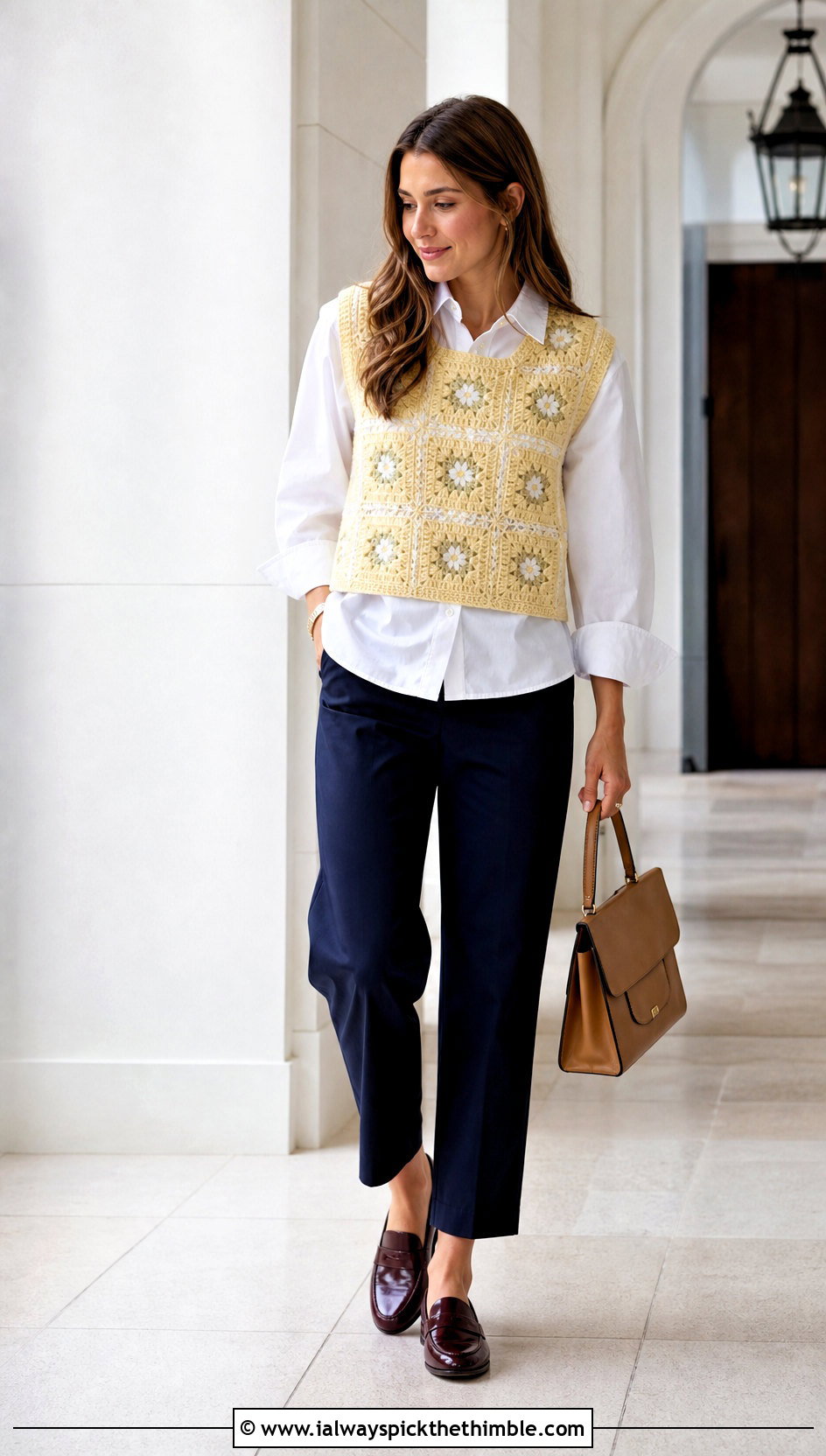 Sleeveless Granny Square Sweater Vest With Poplin Shirt - 25 crochet granny square sweater outfit ideas