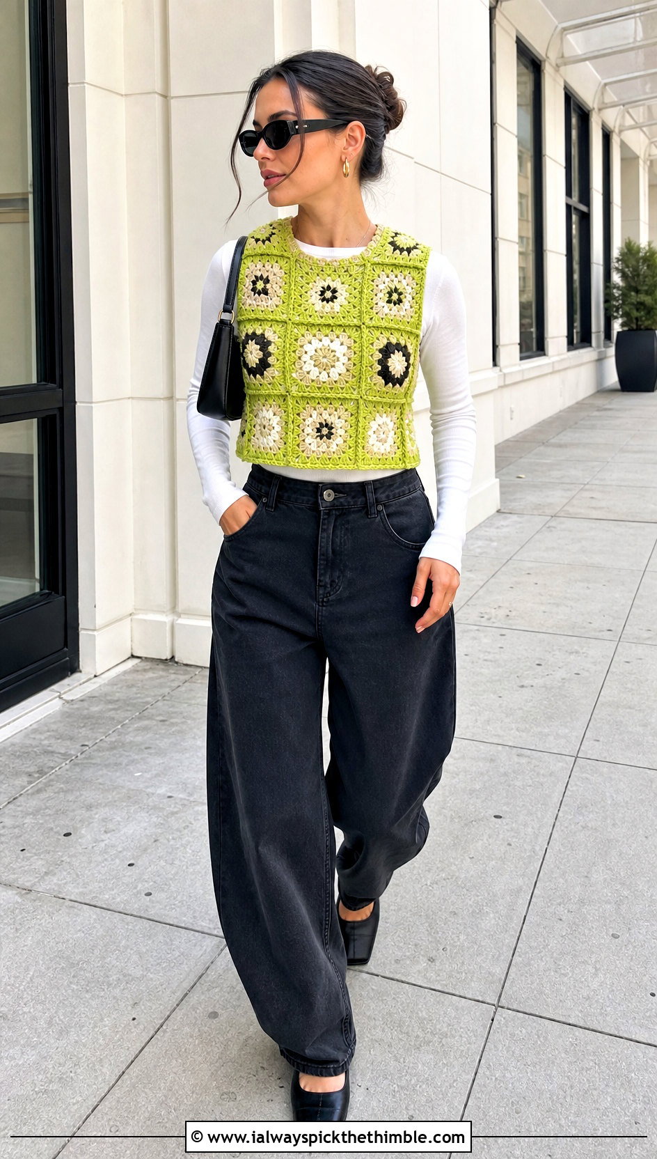 Sleeveless Granny Square Sweater With Barrel Jeans - 25 granny square crochet sweater outfit ideas