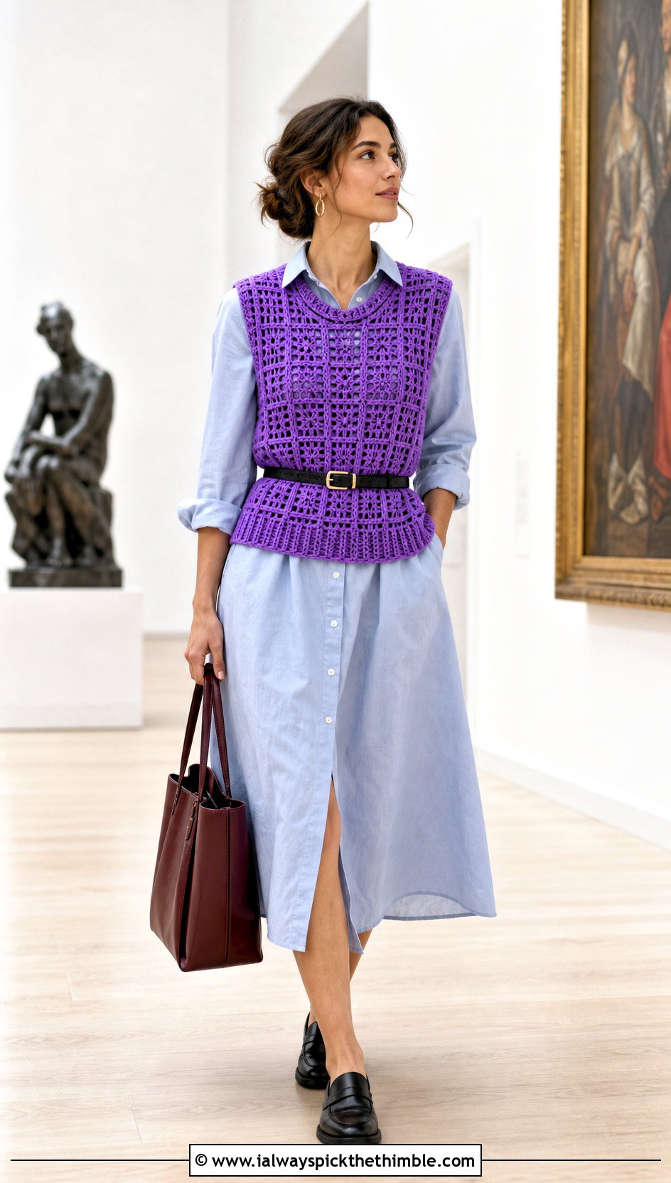 Sleeveless Grid Crochet Sweater Vest With Shirt Dress - 15 grid crochet sweater design outfit ideas