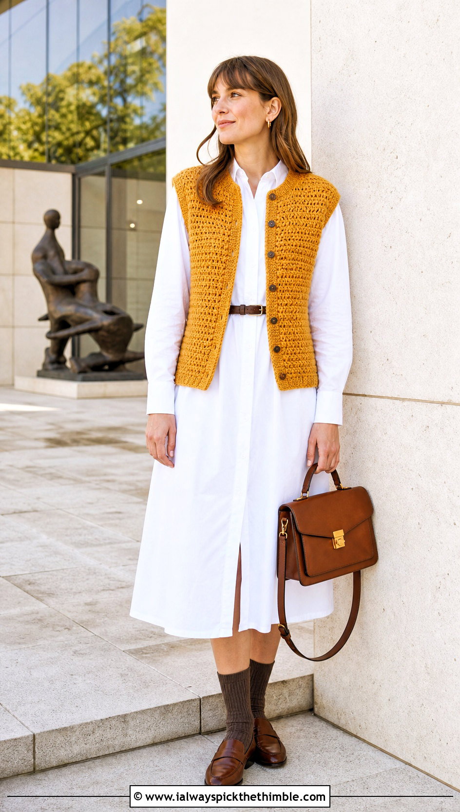 Sleeveless Half Double Crochet Cardigan With Shirt Dress - 20 Half Double Crochet Cardigan outfit ideas
