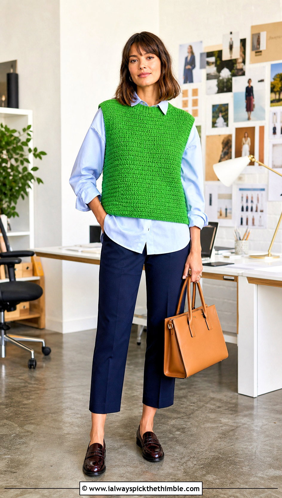 Sleeveless Half Double Crochet Sweater Vest With Poplin Shirt - 20 half double crochet sweater outfit ideas