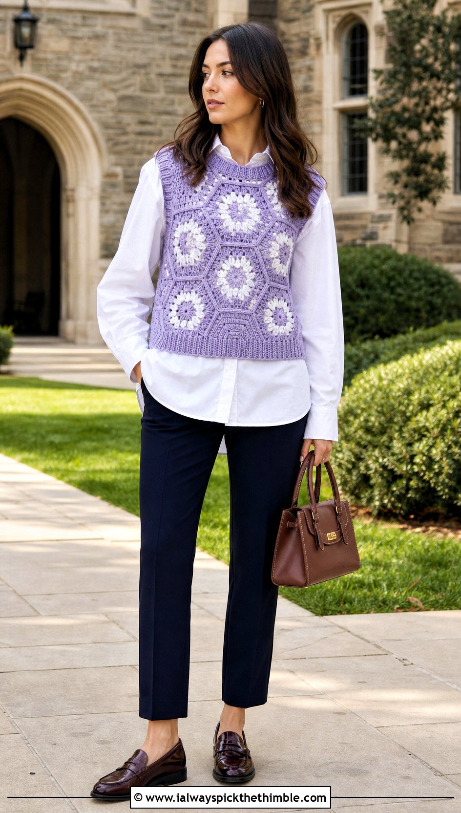 Sleeveless Hexagon Granny Square Sweater Vest With Poplin Shirt - 25 hexagon granny square sweater outfit ideas
