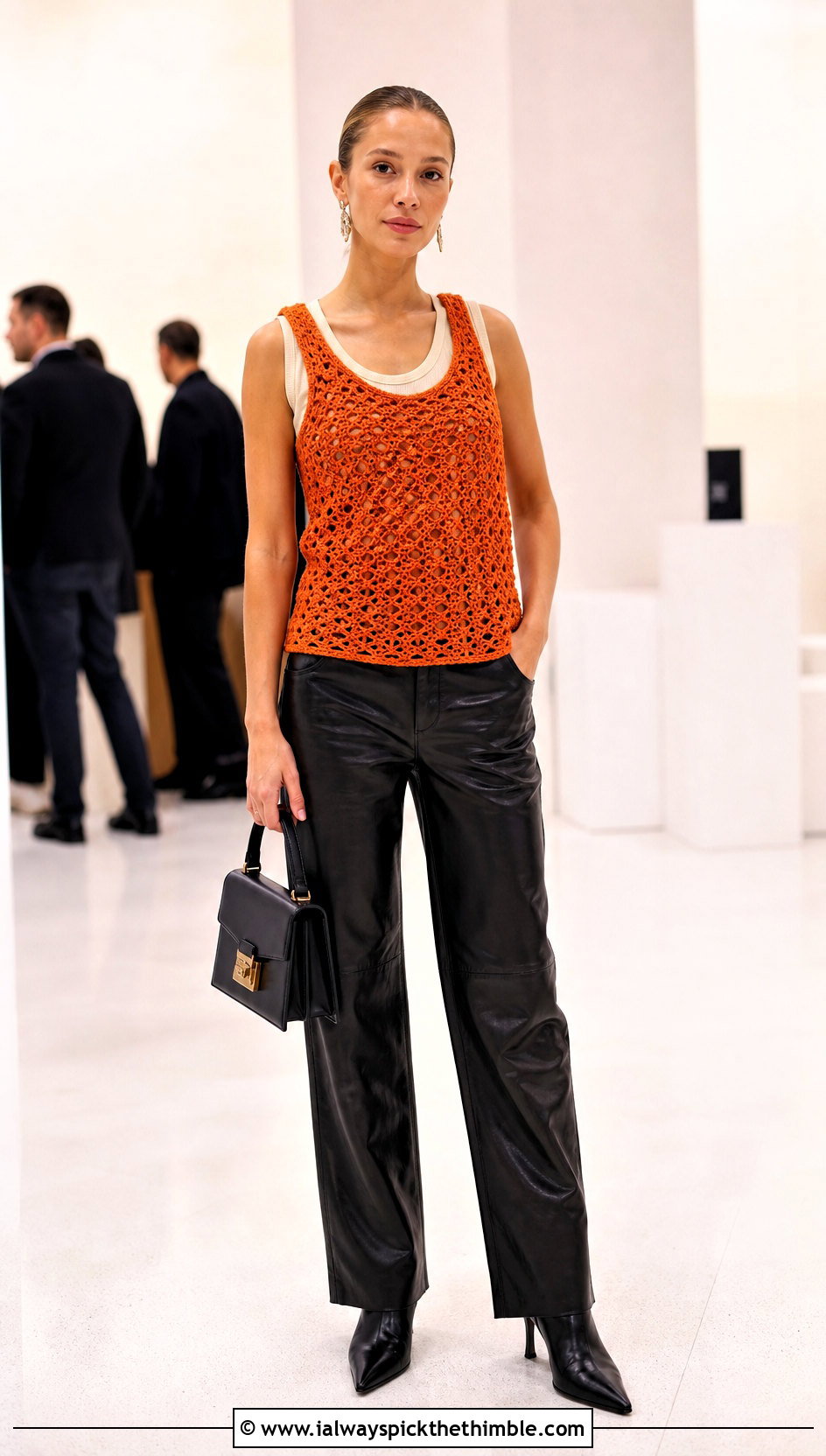 Sleeveless Honeycomb Crochet Top With Leather Pants - 25 crochet net top outfit ideas