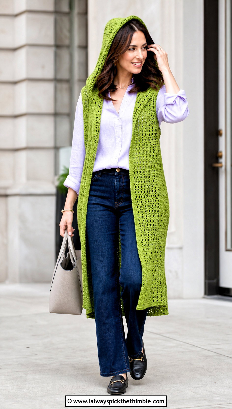 Sleeveless Hooded Crochet Cardigan With Shirt And Jeans - 25 hooded crochet cardigan outfit ideas