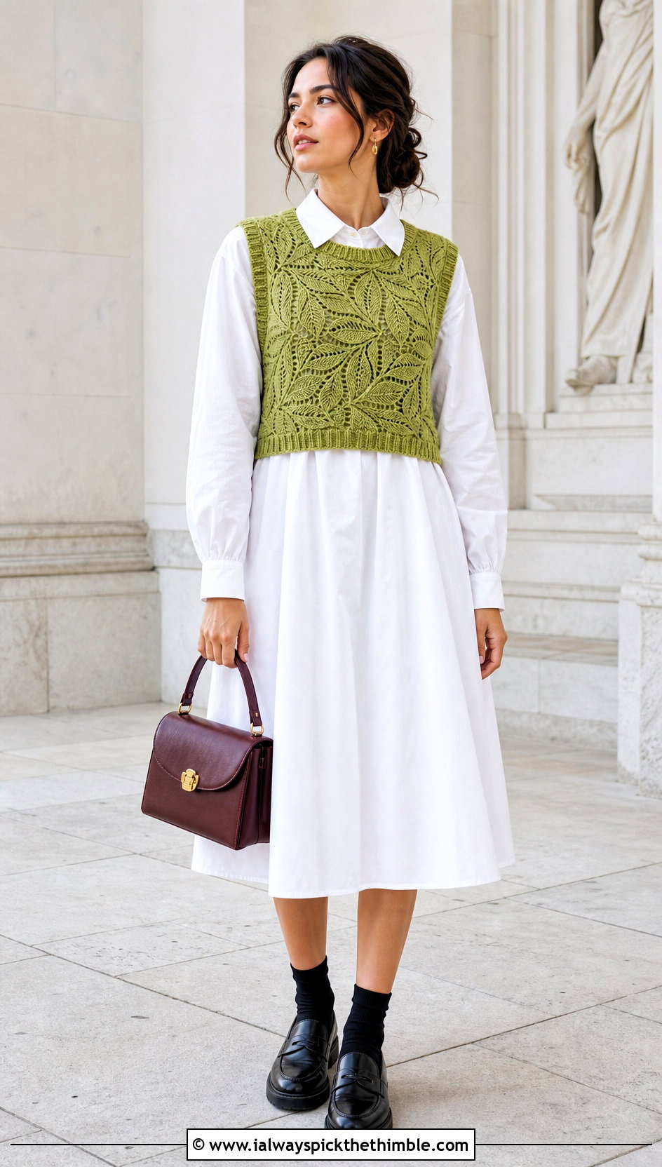 Sleeveless Leaf Sweater Vest With Poplin Shirt Dress - 20 crochet leaf sweater outfit ideas