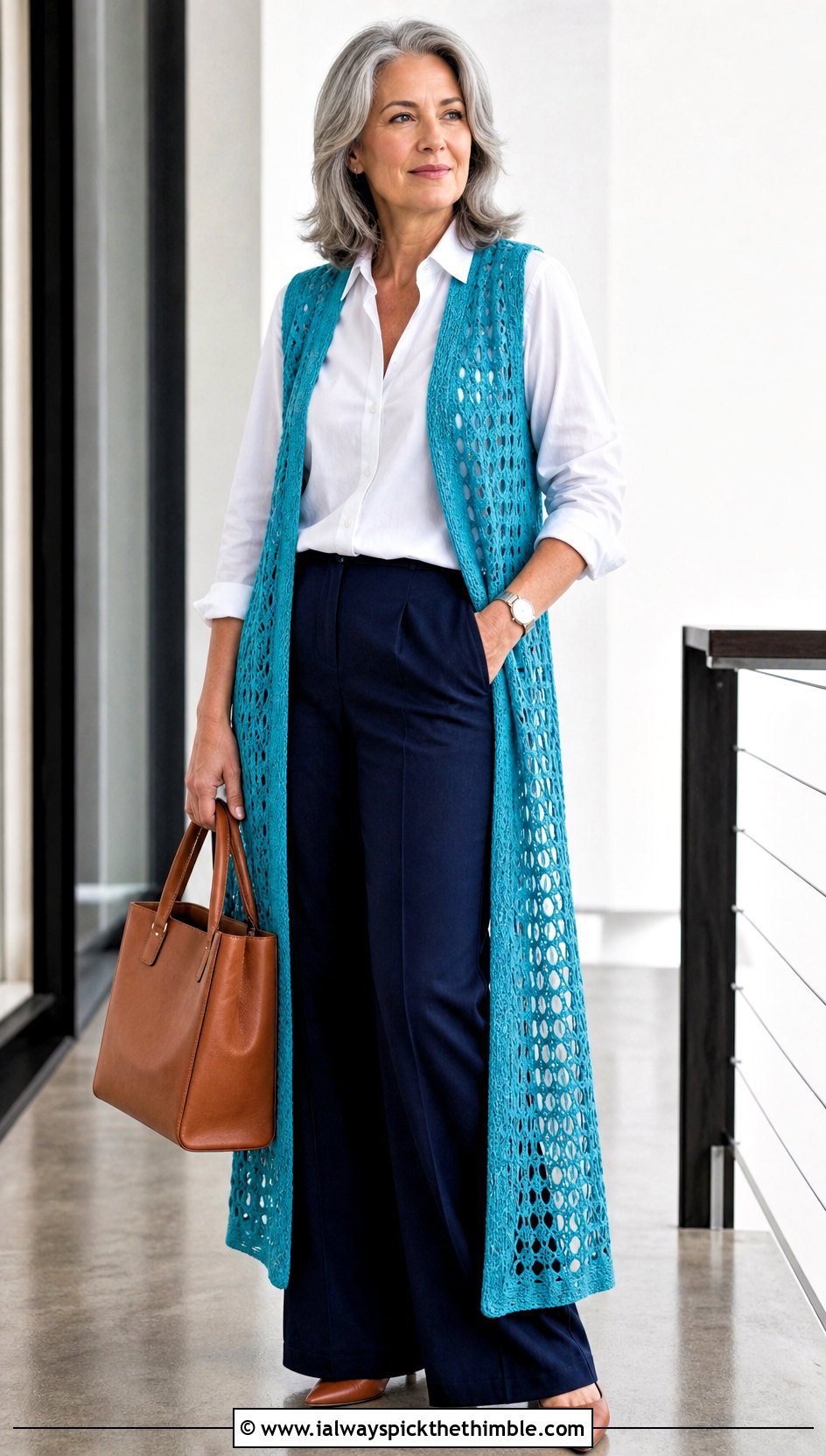 Sleeveless Long Crochet Duster With Button Down Shirt - 20 Long Crochet Duster outfit ideas